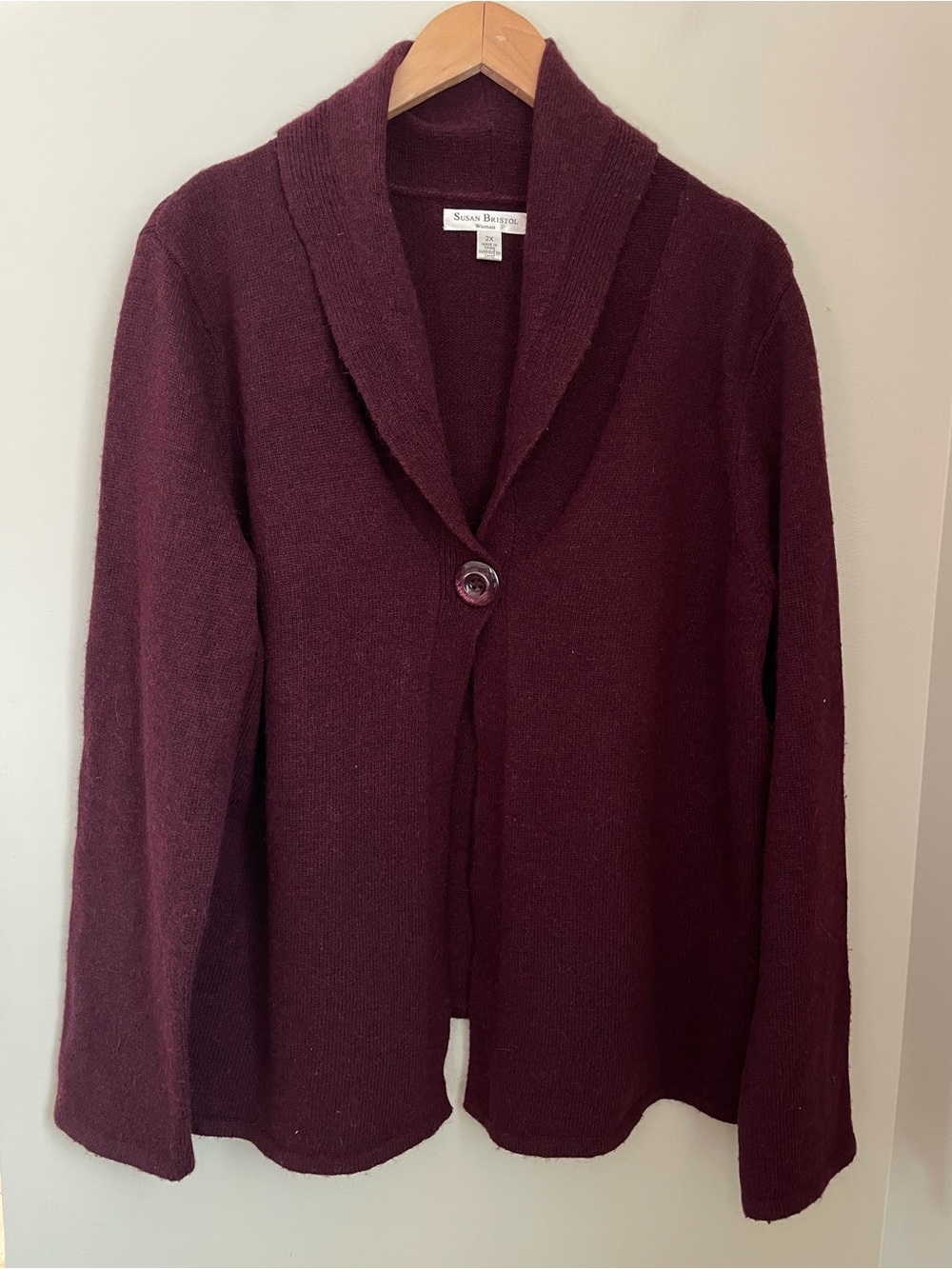 Vintage Susan Bristol Burgundy Shawl Collar Angora Wool Cardigan Sz 2X Cozy - Picture 2 of 9